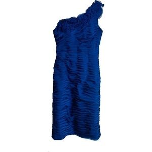 CACHE Vintage 90s Cocktail Party Evening Dress Sz 2 Blue One Shoulder Chiffon
